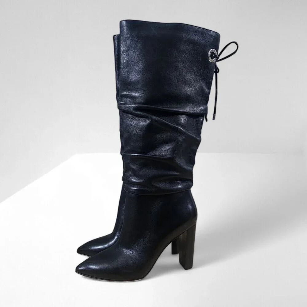 Paige Lexi Knee High Boot Womens 9.5 Black Leather Slouchy Tall Heel Pointed Toe